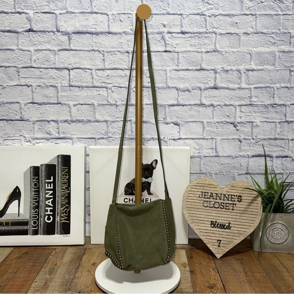 Zara green mini studded split suede bucet bag